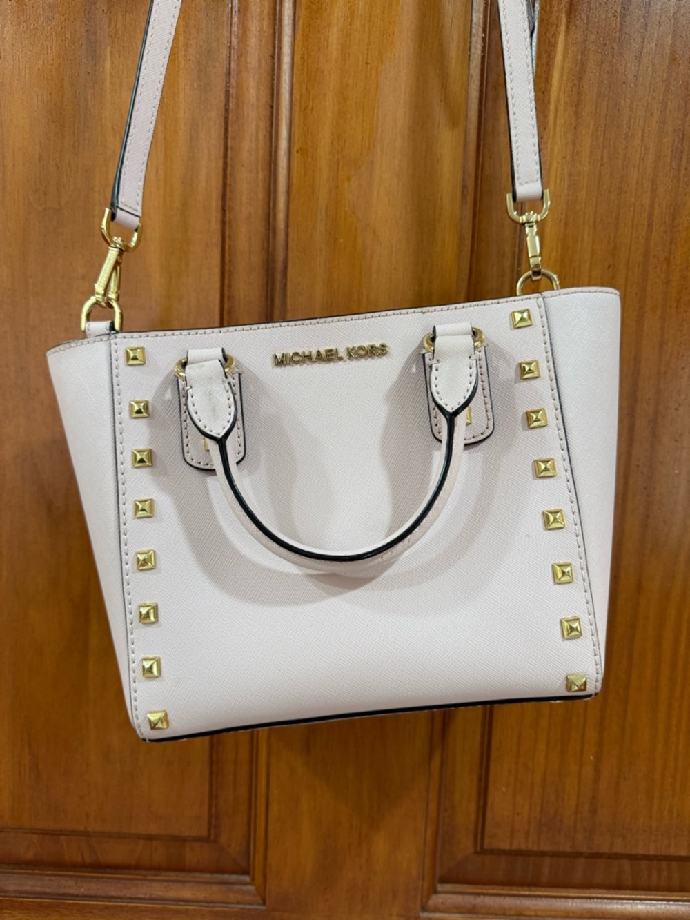 Michael Kors Pale Pink Studded Saffiano Satchel with Gold Hardware